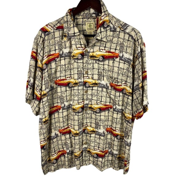Morro Bay Hawaiian Shirt Medium Button Down Mens Hot Rod Cars Tropical Rayon - Picture 1 of 8